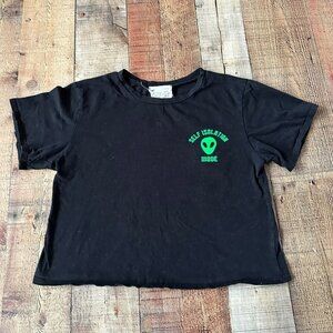 French pastry womens cropped t-shirt with funny alien graphic -XS